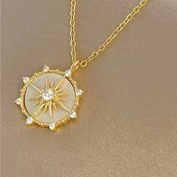 Gold Compass Starburst Pendant Necklace – Mother of Pearl & CZ - Picture 3 of 5